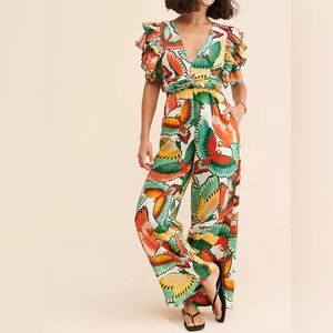 FARM Rio Ruffle-Sleeve Printed Jumpsuit